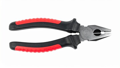 Obraz premium A single pair of combination pliers with comfortable red and black insulated grips, shown isolated on a clean white background for repair or construction