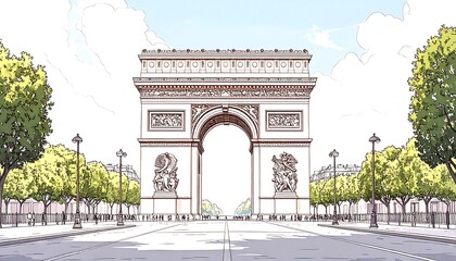 An illustrated, symmetrical view featuring a large stone archway, with trees and a road leading toward it. Light blue sky