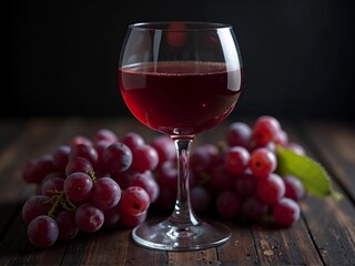 A glass of red wine sits on a wooden surface, accompanied by a cluster of fresh red grapes against a dark background.