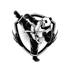 Panda in a karate pose, depicted in a stylized graphic design, with a shield-like emblem and claw-like elements.