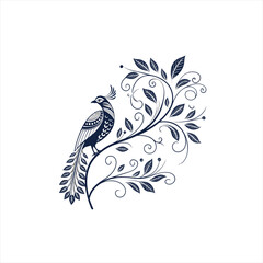 Fototapeta premium Elegant navy blue bird perched on a decorative floral branch with swirling vines and leaves