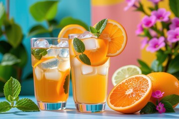 Fototapeta premium Refreshing Citrus Beverage with Mint Leaves and Bright Tropical Colors in Summer Setting