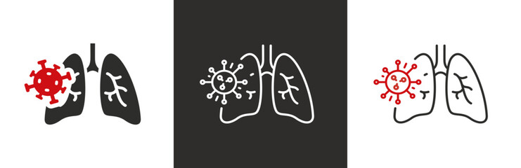 flat and linear set icons, pneumonia bacterium icon, lungs affected by the virus cell, inflammation illness, infection bacteria, simple symbols on white and black background - editable stroke vector i