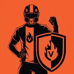 A stylized graphic of a racer in a helmet holding a shield with a flame logo.