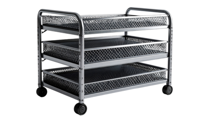 Three-tiered metal cart with wire baskets