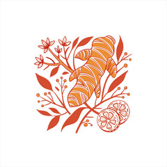 Stylized ginger root with leaves and citrus slices illustration