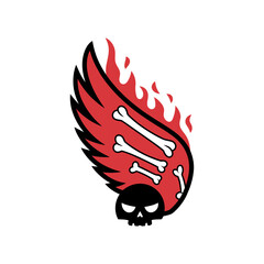 A fierce red wing with flames and bones emblazoned with a skull emblem. A symbol of rebellion and power.