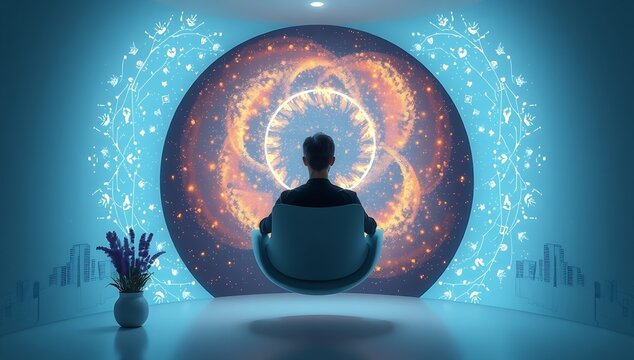 A Person Observes a Vibrant Cosmic Display Within a Futuristic Wellness Pod, Surrounded by Serene Digital Patterns and Ambient Lighting