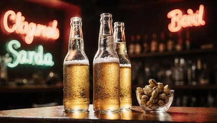 Several beer bottles on wooden table in bar, light shining through bottles, glass bowl of pistachios nearby, neon lights in background