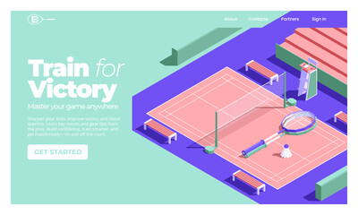 Isometric Badminton Game Landing Page Composition