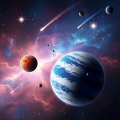 A vibrant celestial scene showcases swirling nebulae, multiple planets, and streaking comets against a backdrop of starlit space.
