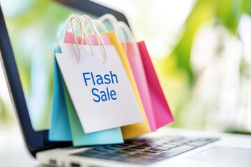 Colorful flash sale shopping bags on laptop showcasing online retail trends