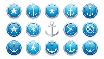 Collection of nautical icons in glossy blue buttons