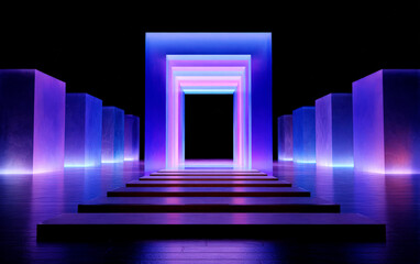 Futuristic illuminated geometric structure with multiple glowing panels
