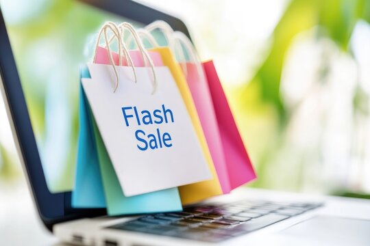 Colorful flash sale shopping bags on laptop showcasing online retail trends
