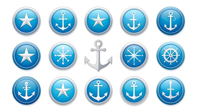 Collection of nautical icons in glossy blue buttons