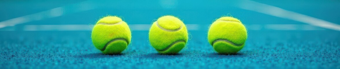 Three tennis balls positioned on a vibrant blue hard court , ball, rgb, game