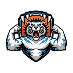 Powerful white tiger mascot with muscles and open mouth, depicted on a shield-like graphic.