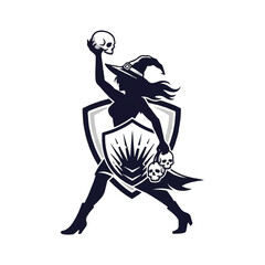 Silhouette of a witch holding skulls, behind a shield.