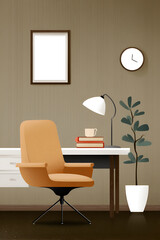 Cozy workspace illustration featuring modern chair, desk, lamp, and decorative plant with copy space