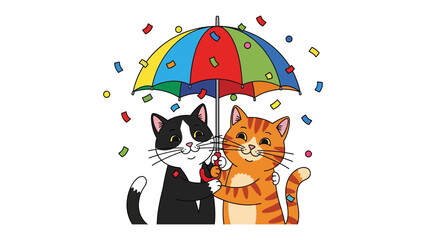 Caring Cats under the Colorful Umbrella: Two cute cats, one tuxedo and the other tabby, stand together beneath a vibrant, rainbow-colored umbrella. Confetti rains down.