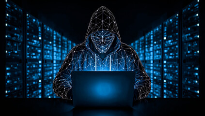 Low-poly digital art of a hooded hacker hunched over a glowing laptop, illuminated in blue light, with futuristic server racks in the background symbolizing cybersecurity