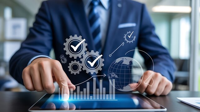Businessman uses tablet with gears, globe, and financial graph overlay technology finance