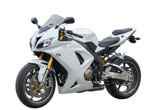 White sport motorcycle with sleek fairings and aggressive stance, isolated on transparent background