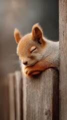 Obraz premium Resting Squirrel: A sweet, sleepy squirrel, its eyes gently closed, finds comfort resting on a weathered wooden fence, evoking a sense of calm and peacefulness.