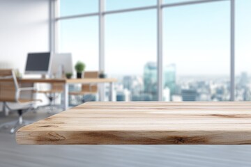 Light-toned wooden table top, office interior blurred background