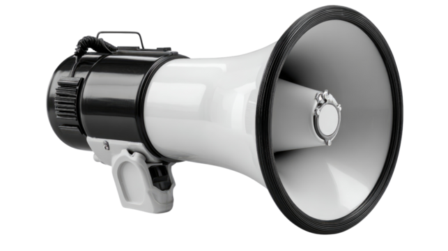 A professional megaphone with a sleek design, ideal for events, announcements, or promotional activities, isolated on a white background for clear visibility.
