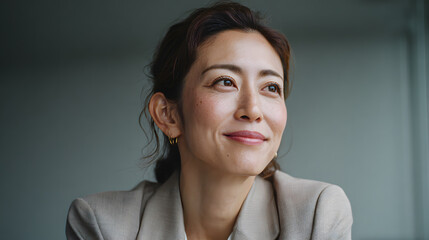 Fototapeta premium Smiling businesswoman in beige suit looking confident