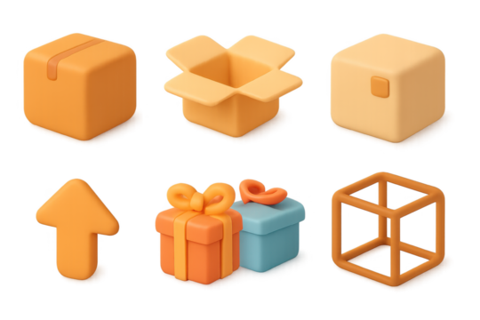 3d abstract geometric shapes and gift boxes set on gradient background