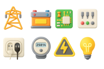 Colorful 3d icons of electricity elements and technology concepts