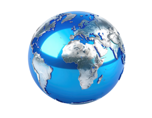 3D rendered globe, vibrant blue, detailed continents