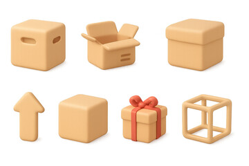 Fototapeta premium Set of 3d minimalist icons: boxes, arrow, gift, and cube on gradient background