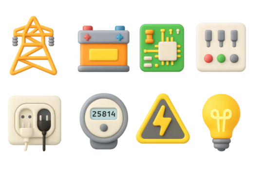Colorful 3d icons of electricity elements and technology concepts - Powered by Adobe