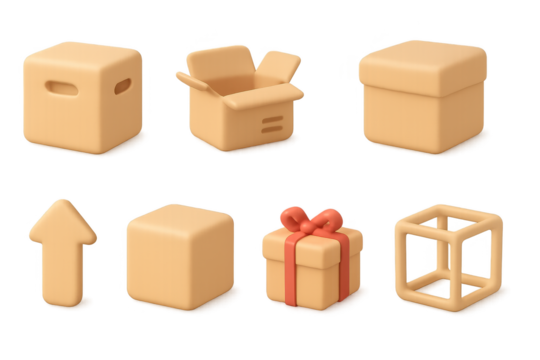 Set of 3d minimalist icons: boxes, arrow, gift, and cube on gradient background