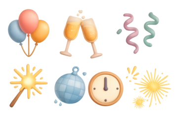 Festive celebration elements with clock, balloon, and champagne on glowing background