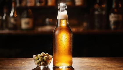 Beer bottle and glass bowl of pistachios on wooden bar table with light shining through