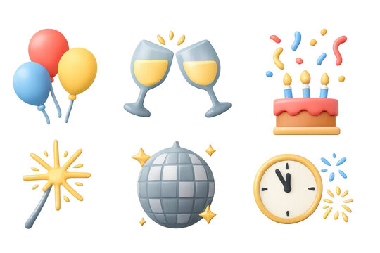 Festive 3d celebration elements with balloons, cake, and disco ball icons