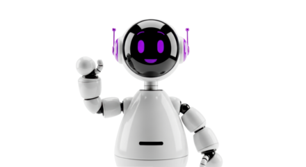 Isolated robot with waving hand welcomes you with a smile ready for future projects