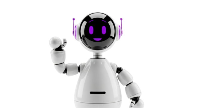 Isolated robot with waving hand welcomes you with a smile ready for future projects