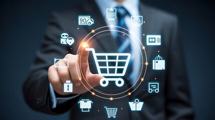 Man in suit touching a shopping cart icon surrounded by business icons finger