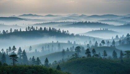"Misty Forest Hills Wallpaper – Layers of Rolling Green Hills Covered in Tall Pines and Gentle Morning Fog, Creating a Calm and Simple Nature Background for Any Space"
