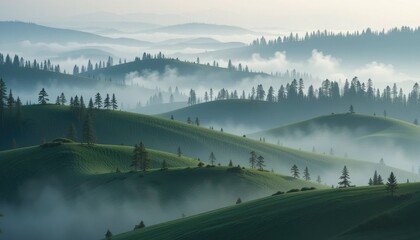"Misty Forest Hills Wallpaper – Layers of Rolling Green Hills Covered in Tall Pines and Gentle Morning Fog, Creating a Calm and Simple Nature Background for Any Space"
