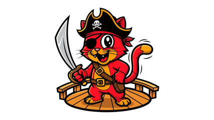 Captain Cat's Adventure: A spirited cartoon illustration showcases a charming feline pirate standing confidently on a wooden deck, ready for adventure with a sword and a determined look.