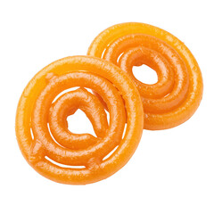 Fototapeta premium Close up view of two jalebis on a plain dark colored background shot on transparent background