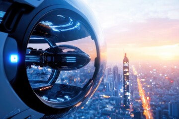 Futuristic cityscape with high-tech hovercraft overlooking urban sunset skyline