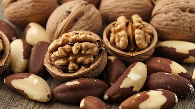 Closeup of walnuts and Brazil nuts showcasing their textures and patterns